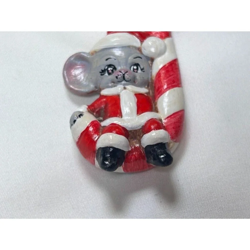 Vintage 1983 Mouse Dressed Santa on Candy Cane Ceramic Christmas Tree Ornament